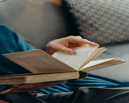 person reading a book in a comfortable room